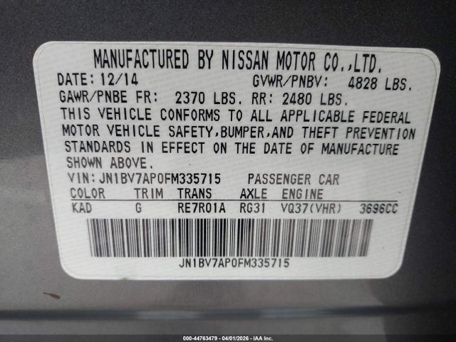 44763479 :رقم المزاد ، JN1BV7AP0FM335715 vin ، 2015 Infiniti Q50 Premium مزاد بيع