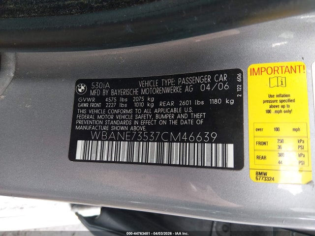 Продаж на аукціоні авто 2007 Bmw 530i, vin: WBANE73537CM46639, номер лоту: 44763481