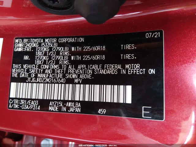 44763494 :رقم المزاد ، JTJGJRDZ2M2167640 vin ، 2021 Lexus Nx 300h مزاد بيع