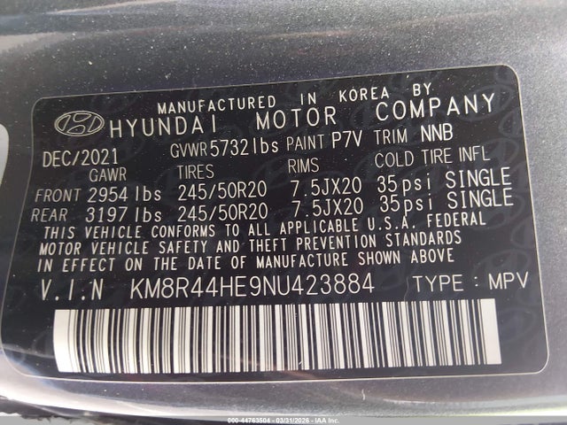 Продаж на аукціоні авто 2022 Hyundai Palisade Sel, vin: KM8R44HE9NU423884, номер лоту: 44763504
