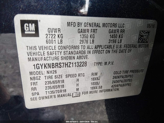 1GYKNBRS7HZ113228 Cadillac XT5 LUXURY