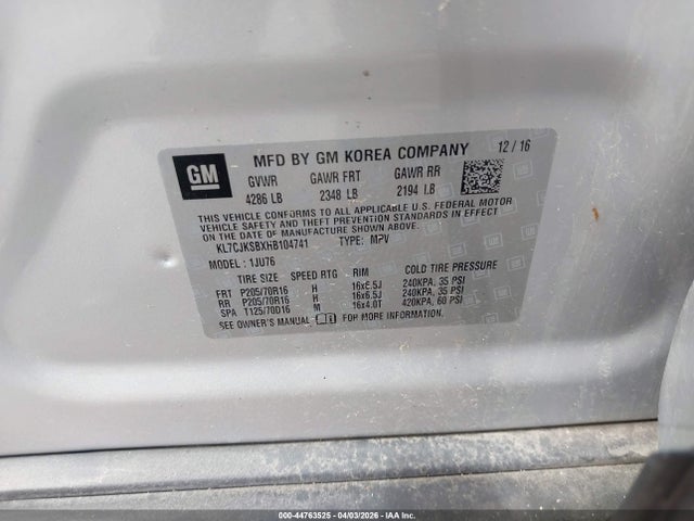 Продаж на аукціоні авто 2017 Chevrolet Trax Ls, vin: KL7CJKSBXHB104741, номер лоту: 44763525