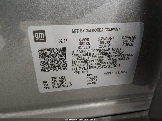 Aukcja sprzedaży 2025 Chevrolet Trax Fwd Lt, vin: KL77LHEP8SC233004, numer aukcji: 44763536