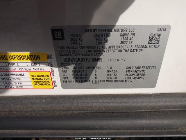 Продажа на аукционе авто 2015 Chevrolet Traverse 1lt, vin: 1GNKVGKDXFJ158469, номер лота: 44763537