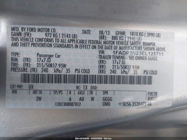 44763548 :رقم المزاد ، 1FADP3N23EL125711 vin ، 2014 Ford Focus Titanium مزاد بيع