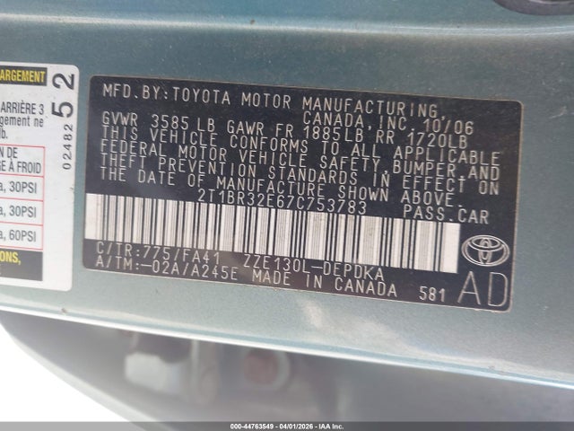44763549 :رقم المزاد ، 2T1BR32E67C753783 vin ، 2007 Toyota Corolla Ce مزاد بيع