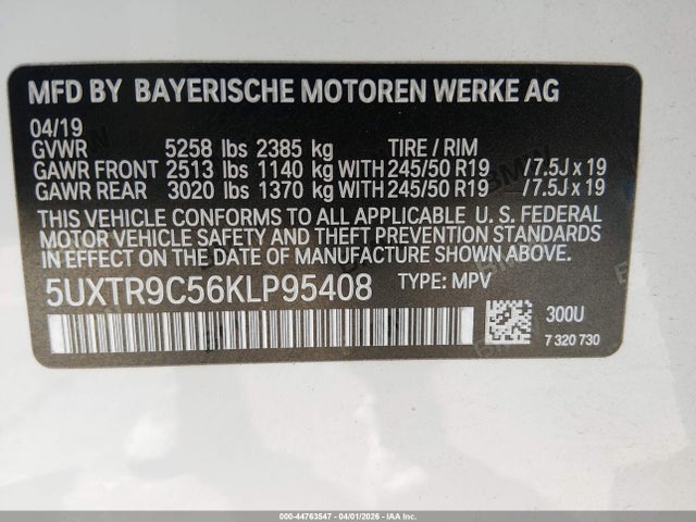 2019 Bmw X3 Xdrive30i მანქანა იყიდება აუქციონზე, vin: 5UXTR9C56KLP95408, აუქციონის ნომერი: 44763547