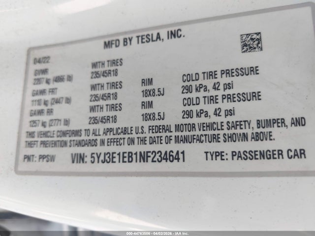 Продаж на аукціоні авто 2022 Tesla Model 3 Long Range Dual Motor All-wheel Drive, vin: 5YJ3E1EB1NF234641, номер лоту: 44763586