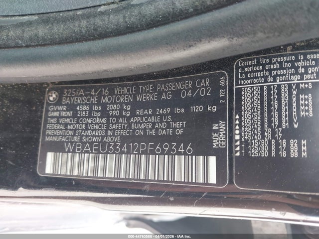 44763588 :رقم المزاد ، WBAEU33412PF69346 vin ، 2002 Bmw 325xi مزاد بيع