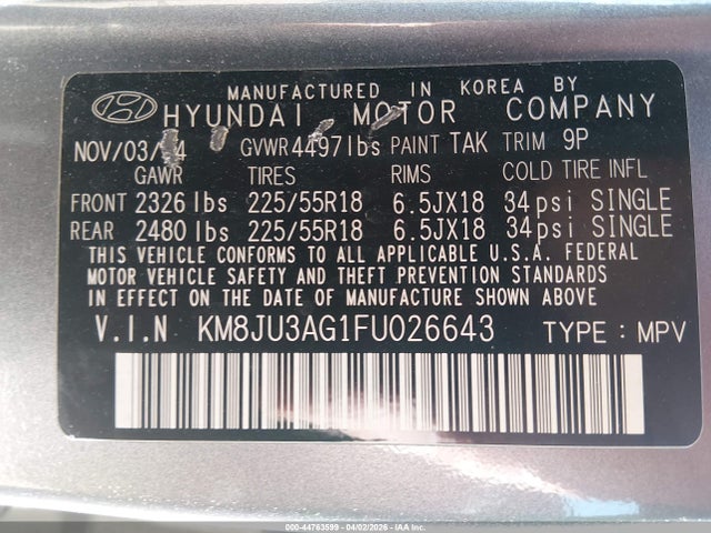 Hyundai Tucson Limited 2015 KM8JU3AG1FU026643 Image 9