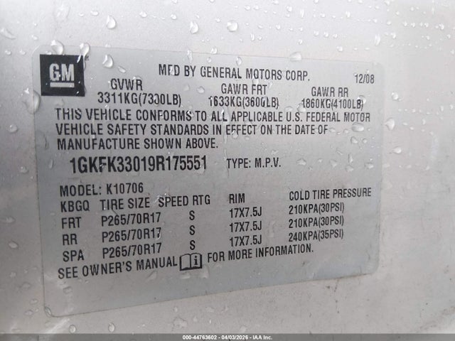 Aukcja sprzedaży 2009 Gmc Yukon Slt2, vin: 1GKFK33019R175551, numer aukcji: 44763602