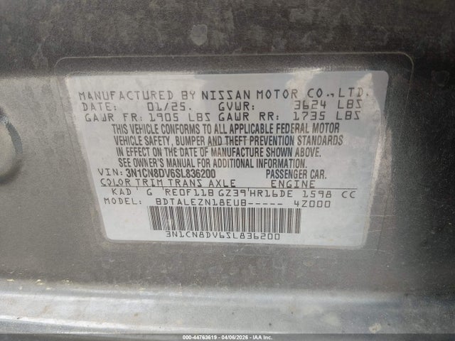 Продаж на аукціоні авто 2025 Nissan Versa 1.6 S, vin: 3N1CN8DV6SL836200, номер лоту: 44763619