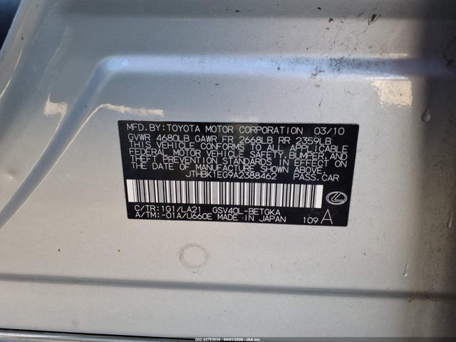 Продажа на аукционе авто 2010 Lexus Es 350, vin: JTHBK1EG9A2388462, номер лота: 44763634