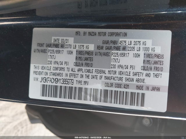 44763642 :رقم المزاد ، JM3KFACM9M1385979 vin ، 2021 Mazda Cx-5 Touring مزاد بيع