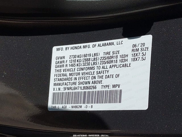 Продажа на аукционе авто 2020 Honda Odyssey Ex-l/ex-l W/navi   Res, vin: 5FNRL6H71LB068266, номер лота: 44763645