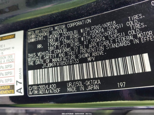 Продажа на аукционе авто 2011 Lexus Gx 460, vin: JTJBM7FX1B5018133, номер лота: 44763649