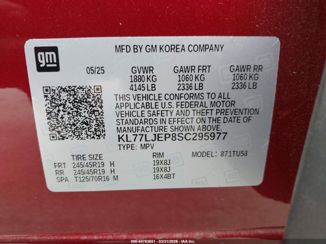 KL77LJEP8SC295977 Chevrolet Trax Fwd 2rs