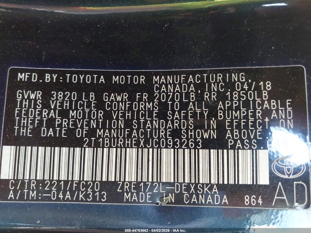 2018 TOYOTA COROLLA 2T1BURHEXJC093263 Photo 8