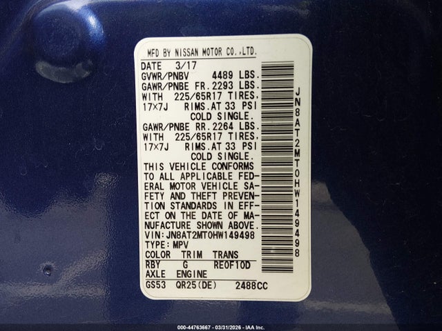 JN8AT2MT0HW149498 Nissan ROGUE S