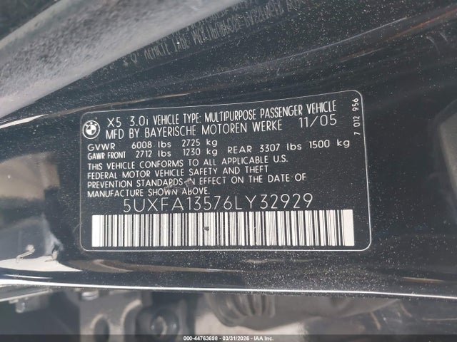 2006 Bmw X5 3.0i მანქანა იყიდება აუქციონზე, vin: 5UXFA13576LY32929, აუქციონის ნომერი: 44763698