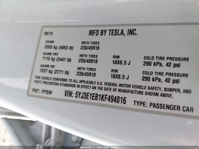 Tesla Model 3 Long Range/performance 2019 5YJ3E1EB1KF494016 Image 9