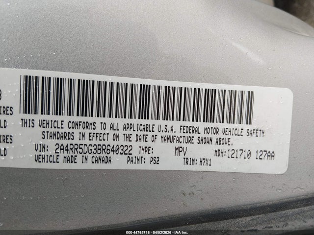 44763716 :رقم المزاد ، 2A4RR5DG3BR640322 vin ، 2011 Chrysler Town & Country Touring مزاد بيع