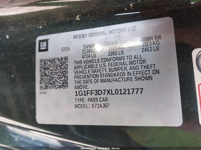 Aukcja sprzedaży 2020 Chevrolet Camaro Rwd  1ss, vin: 1G1FF3D7XL0121777, numer aukcji: 44763749