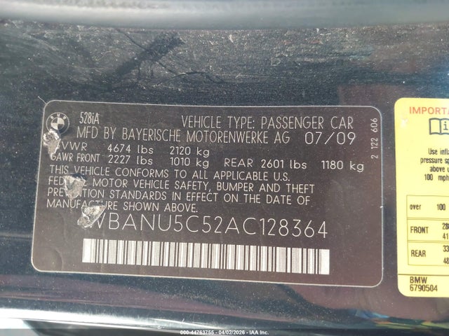 44763755 :رقم المزاد ، WBANU5C52AC128364 vin ، 2010 Bmw 528i مزاد بيع