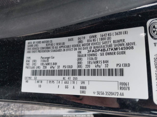 Aukcja sprzedaży 2019 Ford Fiesta Se, vin: 3FADP4BJ7KM145908, numer aukcji: 44763779