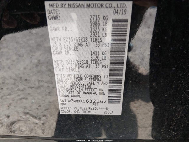Aukcja sprzedaży 2019 Nissan Pathfinder S, vin: 5N1DR2MMXKC632162, numer aukcji: 44763784