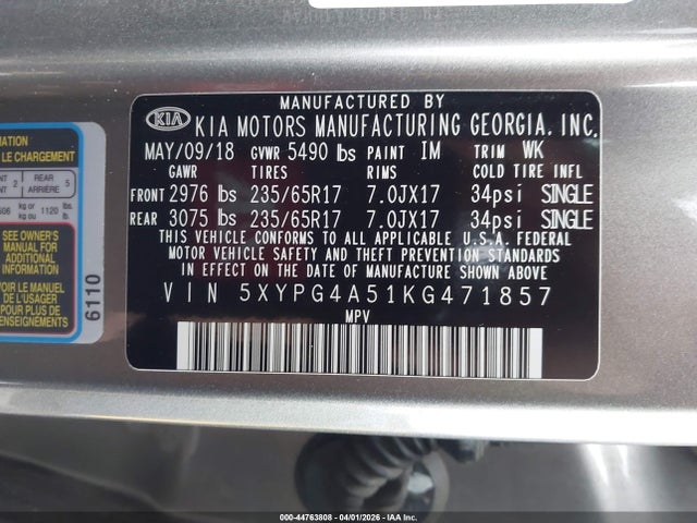 5XYPG4A51KG471857 KIA Sorento 3.3l Lx