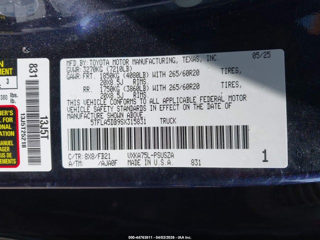 Aukcja sprzedaży 2025 Toyota Tundra Sr5, vin: 5TFLA5DB9SX315831, numer aukcji: 44763811