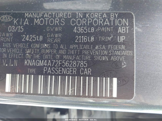 Aukcja sprzedaży 2015 Kia Optima Lx, vin: KNAGM4A72F5628785, numer aukcji: 44763812