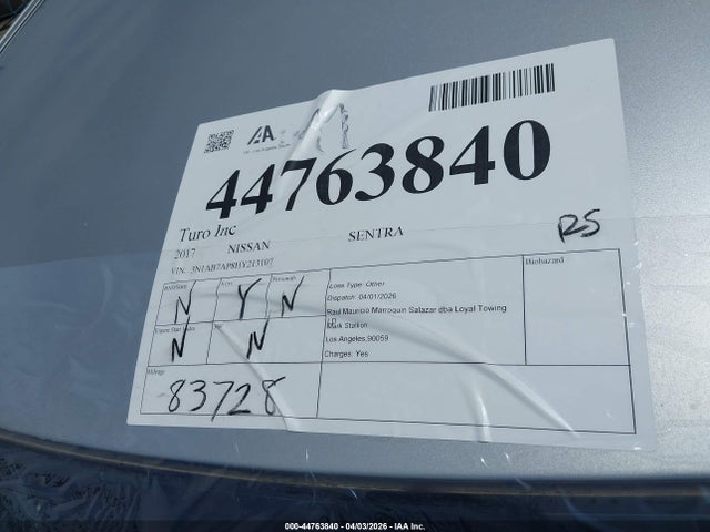 44763840 :رقم المزاد ، 3N1AB7AP8HY213107 vin ، 2017 Nissan Sentra S مزاد بيع