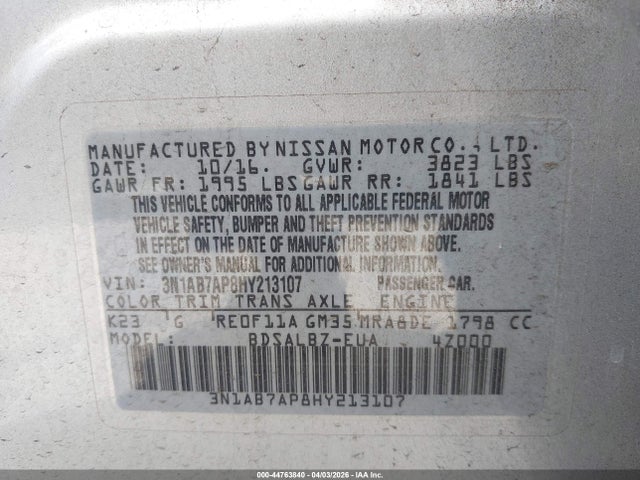 44763840 :رقم المزاد ، 3N1AB7AP8HY213107 vin ، 2017 Nissan Sentra S مزاد بيع