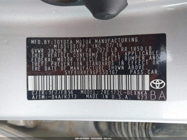 44763853 :رقم المزاد ، 5YFBURHE9GP550167 vin ، 2016 Toyota Corolla Le Plus مزاد بيع