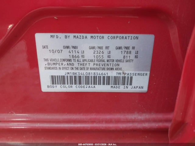 44763855 :رقم المزاد ، JM1BK34L081834641 vin ، 2008 Mazda Mazdaspeed3 Grand Touring مزاد بيع