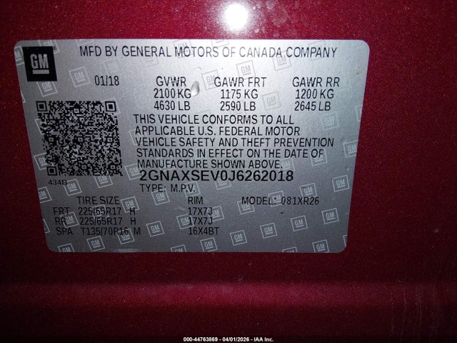 Aukcja sprzedaży 2018 Chevrolet Equinox Lt, vin: 2GNAXSEV0J6262018, numer aukcji: 44763869