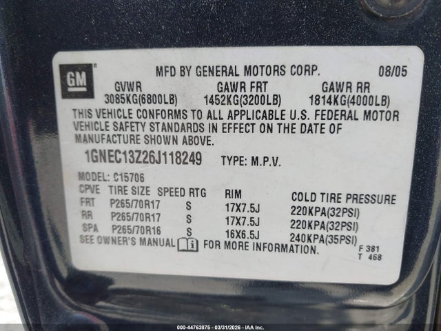 Продажа на аукционе авто 2006 Chevrolet Tahoe Lt, vin: 1GNEC13Z26J118249, номер лота: 44763875