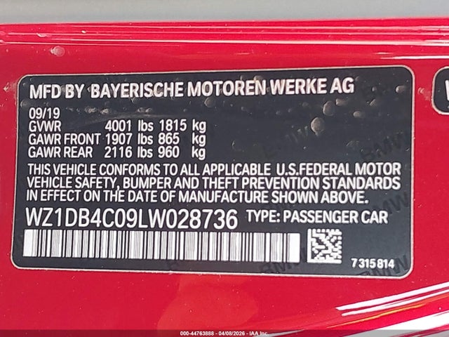 44763888 :رقم المزاد ، WZ1DB4C09LW028736 vin ، 2020 Toyota Gr Supra 3.0 Premium مزاد بيع