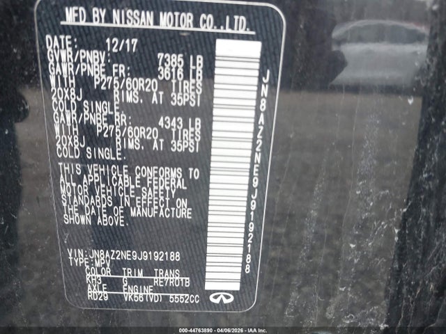 44763890 :رقم المزاد ، JN8AZ2NE9J9192188 vin ، 2018 Infiniti Qx80 مزاد بيع