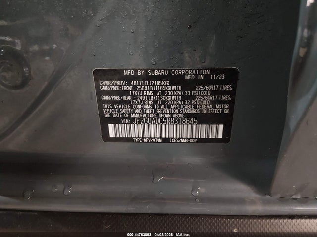 Продаж на аукціоні авто 2024 Subaru Crosstrek Premium, vin: JF2GUADC5R8318645, номер лоту: 44763893