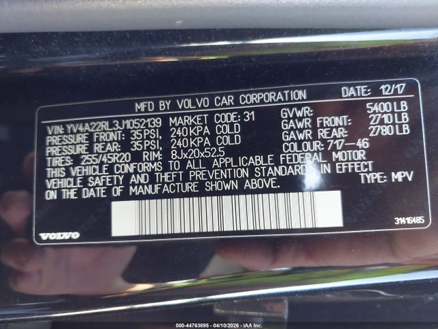 YV4A22RL3J1052139 Volvo Xc60 T6 Inscription