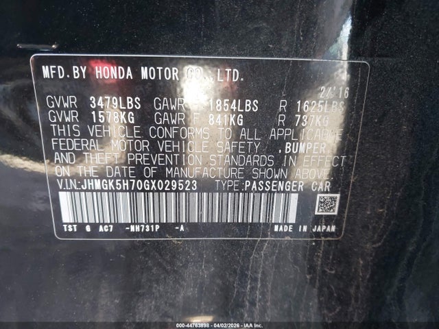44763898 :رقم المزاد ، JHMGK5H70GX029523 vin ، 2016 Honda Fit Ex مزاد بيع