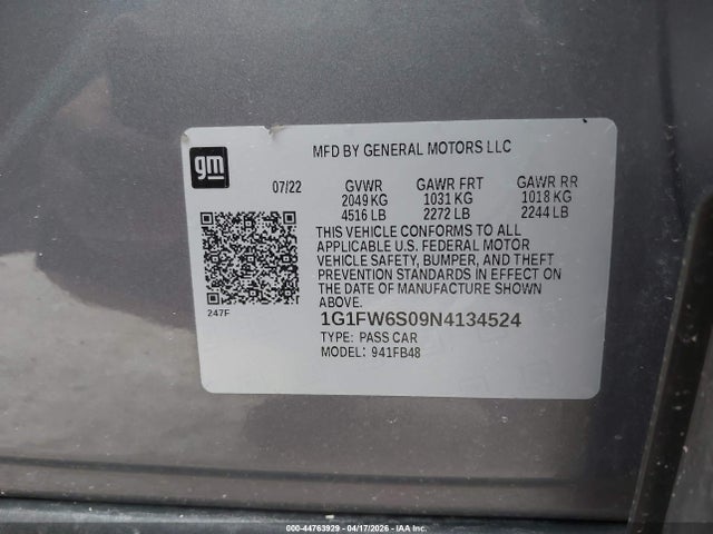 Продажа на аукционе авто 2022 Chevrolet Bolt Ev Fwd 1lt, vin: 1G1FW6S09N4134524, номер лота: 44763929