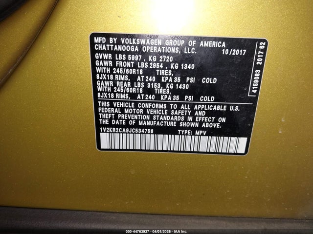 1V2KR2CA9JC534756 Volkswagen Atlas 3.6l V6 Se