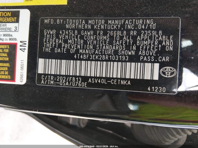 Aukcja sprzedaży 2011 Toyota Camry, vin: 4T4BF3EK2BR103193, numer aukcji: 44763949