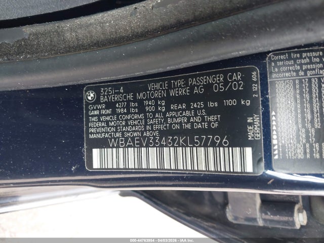 2002 Bmw 325i მანქანა იყიდება აუქციონზე, vin: WBAEV33432KL57796, აუქციონის ნომერი: 44763954
