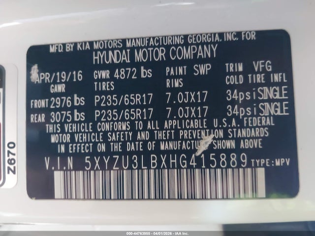 5XYZU3LBXHG415889 Hyundai Santa Fe Sport 2.4l