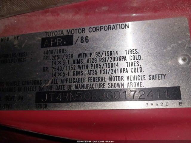 Продажа на аукционе авто 1986 Toyota Pickup 1/2 Ton Rn50, vin: JT4RN50R3G0172411, номер лота: 44763959